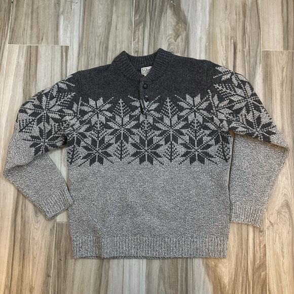 VTG LL Bean Sweater SZ L Lambs Wool Henley Gray Pullover Leather Button Holiday - Picture 1 of 6